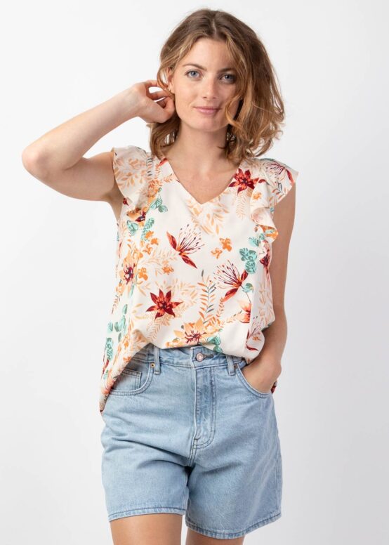 Top Sans Manches Motif Fleuri – Encolure Ouverte Devant & Dos