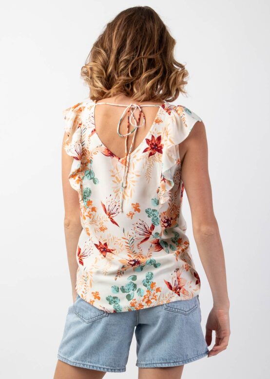 Top Sans Manches Motif Fleuri – Encolure Ouverte Devant & Dos