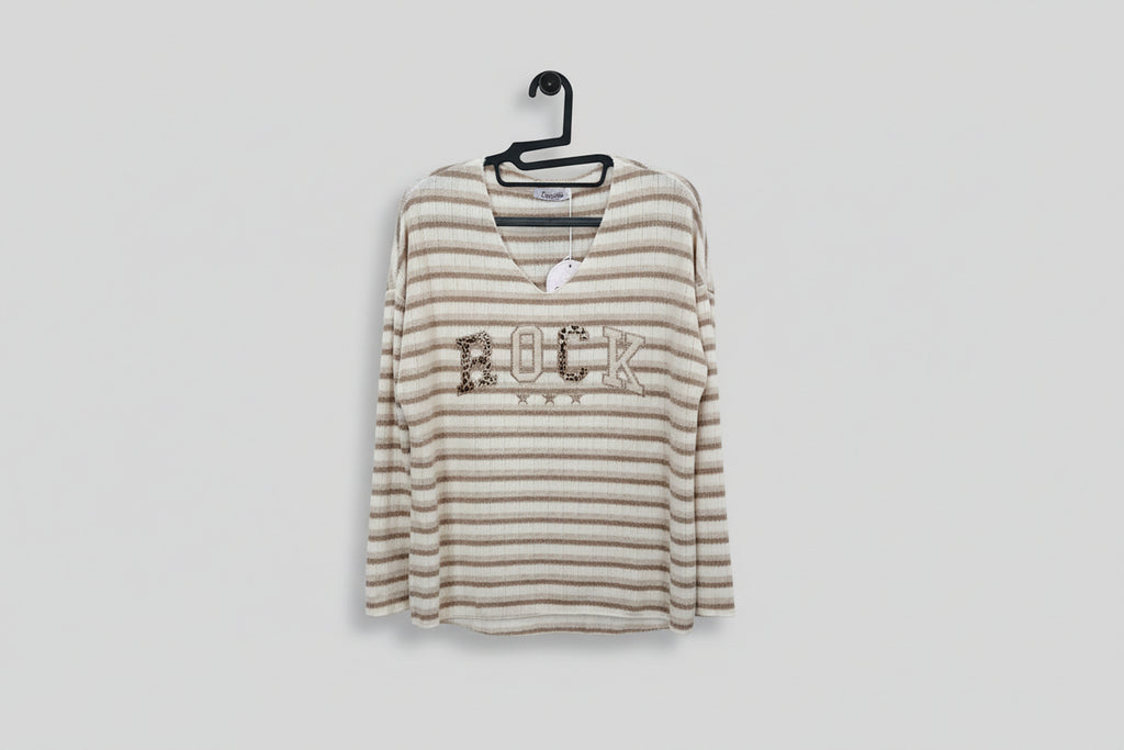 Pull manches longues rayé bi-color – Fil doré & impression Rock, 4 coloris au choix