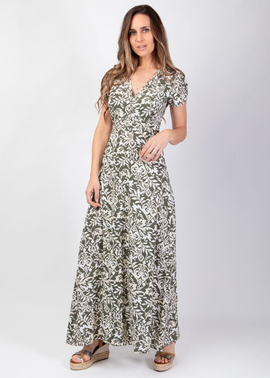 Robe Longue Fendue Viscose – Motif Ethnique Kaki & Beige