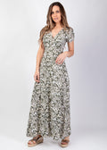 Robe Longue Fendue Viscose – Motif Ethnique Kaki & Beige