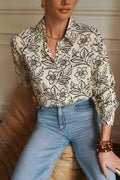 Chemise florale graphique en viscose – Col chemise, manches longues, S/M et M/L