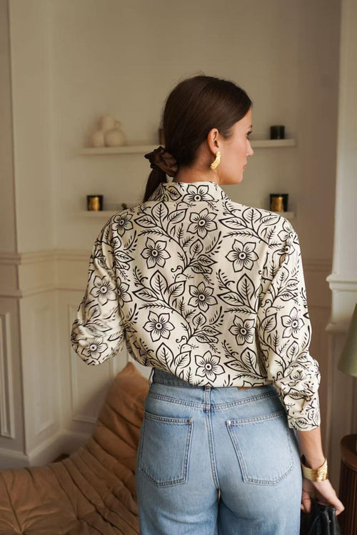 Chemise florale graphique en viscose – Col chemise, manches longues, S/M et M/L