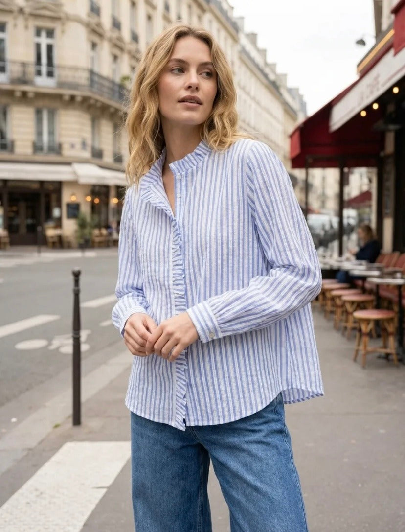 Chemise rayée col volanté en coton – Légère et féminine pour l'été