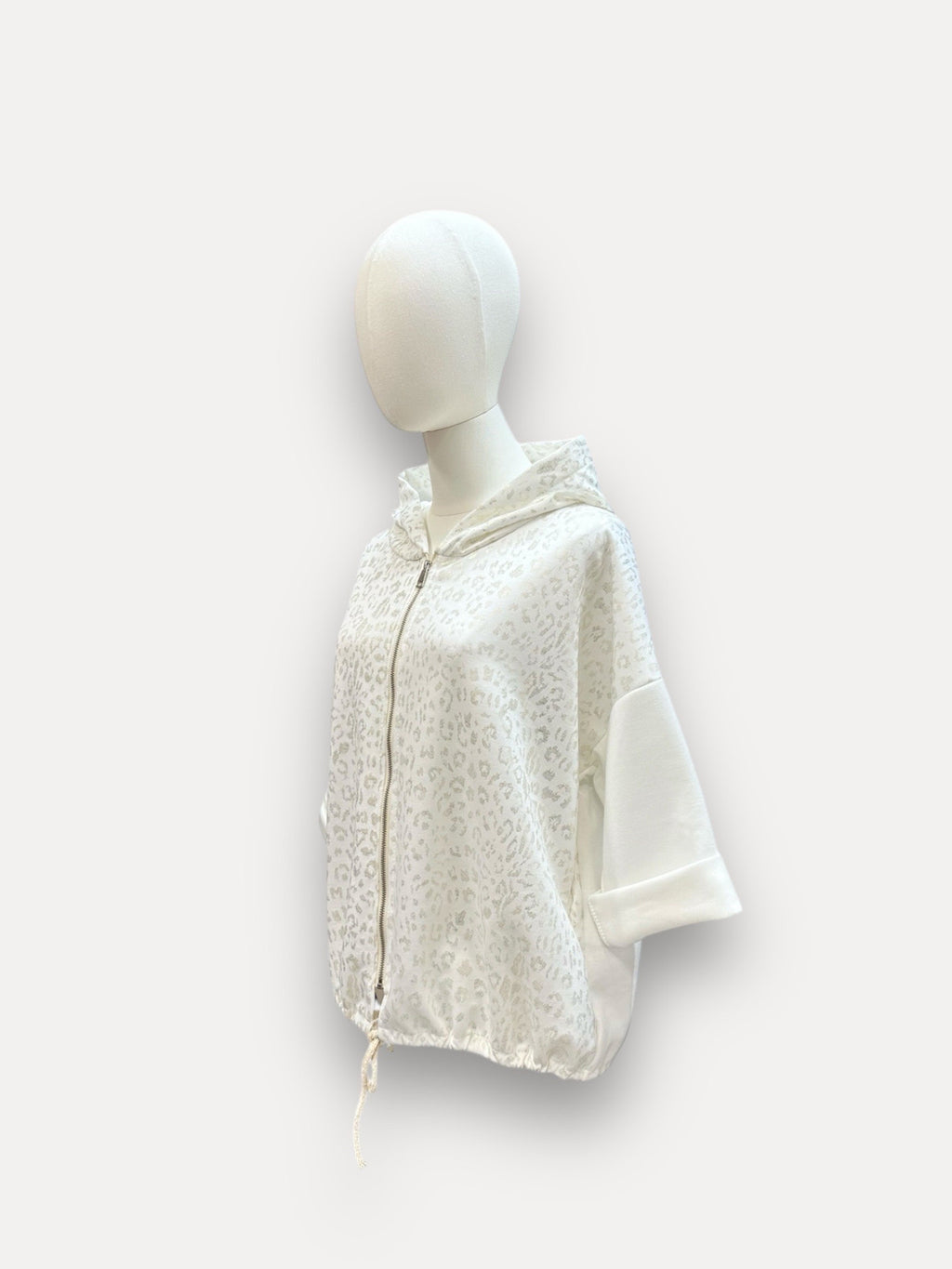 Gilet à capuche léopard argenté – Manches 3/4, couleur écru