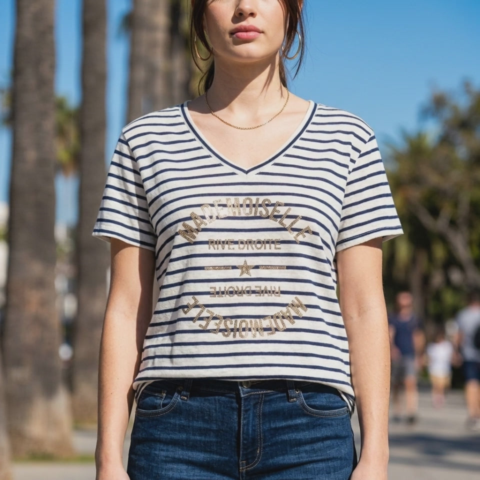 T-shirt Marinière Col V – Inscription Dorée