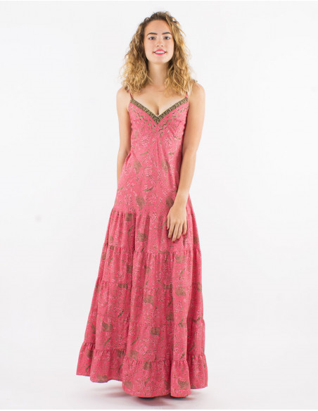 Robe Longue Sari Imprimé Corail – Bretelles Réglables