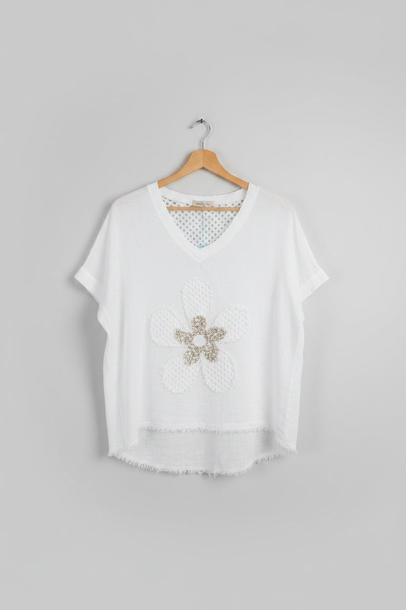 Top en lin fleuri dos crochet