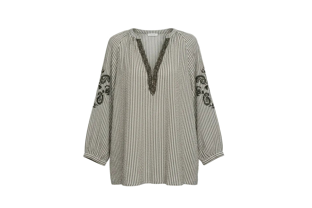 Blouse brodée rayée kaki et blanc