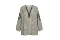 Blouse brodée rayée kaki et blanc