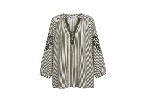 Blouse brodée rayée kaki et blanc