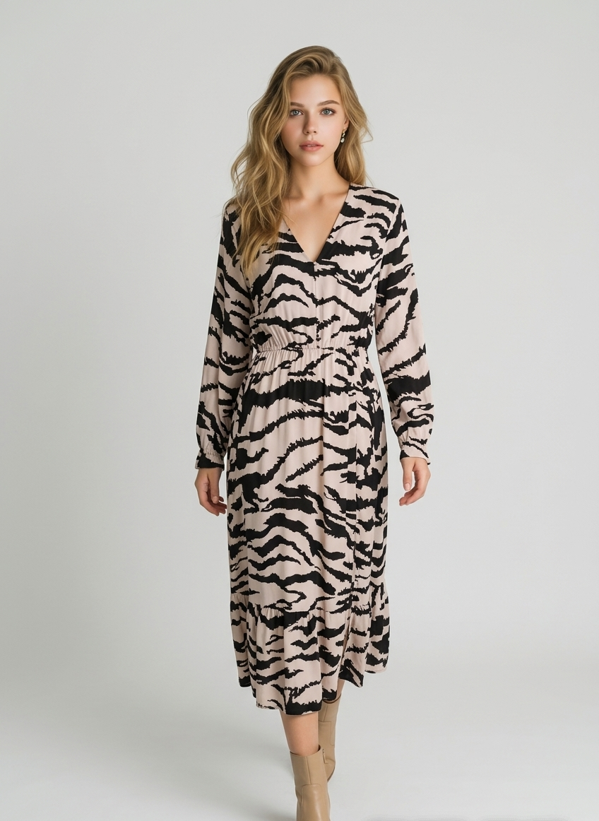 Robe fluide marbrée noir et beige