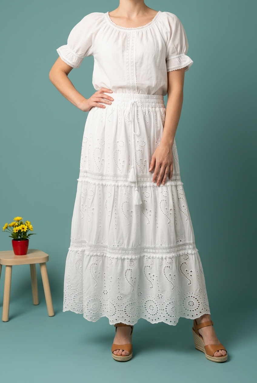 Jupe Brodée Coton Mi-Longue – Blanc Écru Doublée