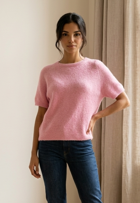 Pull à manches courtes col rond – Douceur alpaca, sans couture, 3 coloris au choix