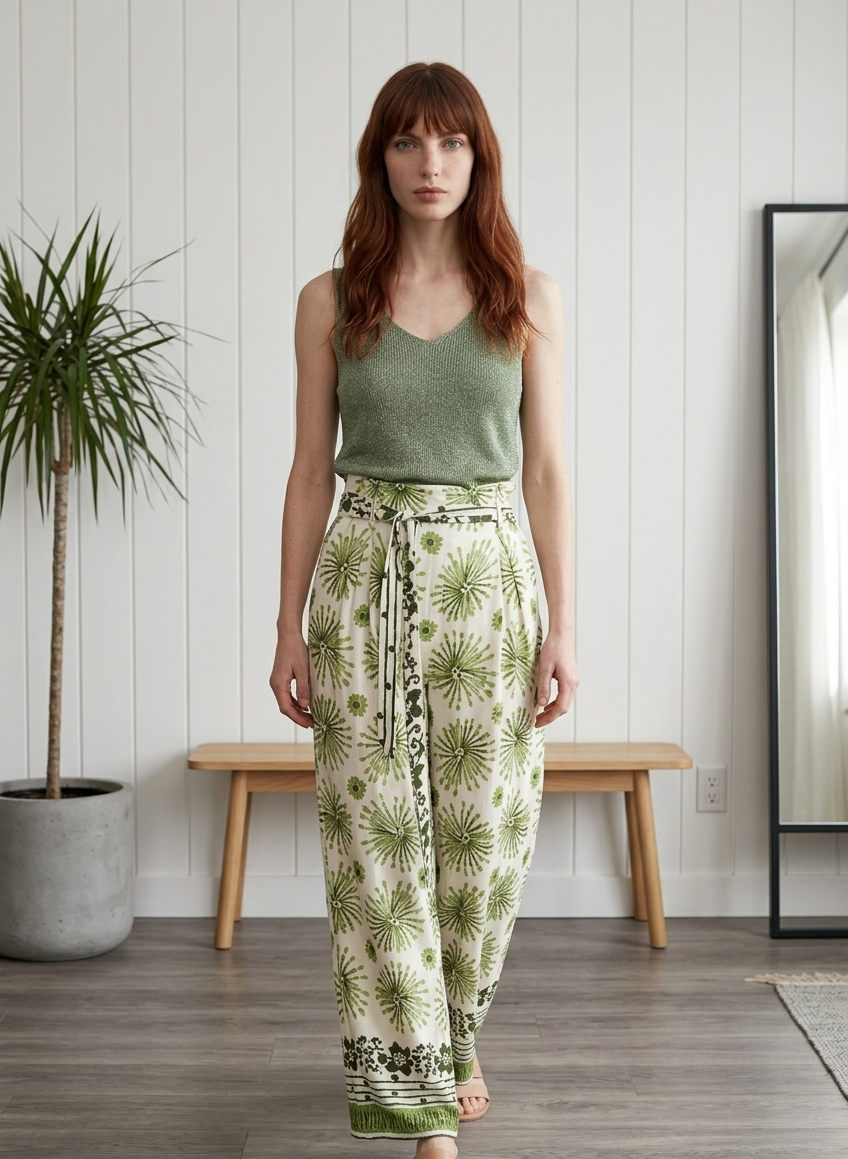 Pantalon imprimé vert – Fluide & ceinturé