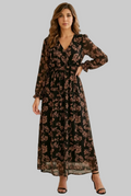 Robe Fluide Doublée – Fond Noir, Motifs Beige & Chocolat