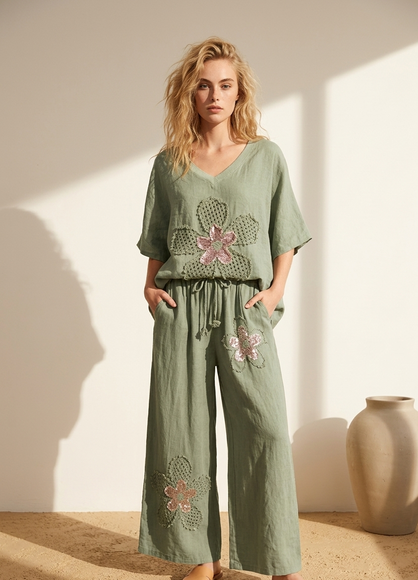 Pantalon en lin fleuri