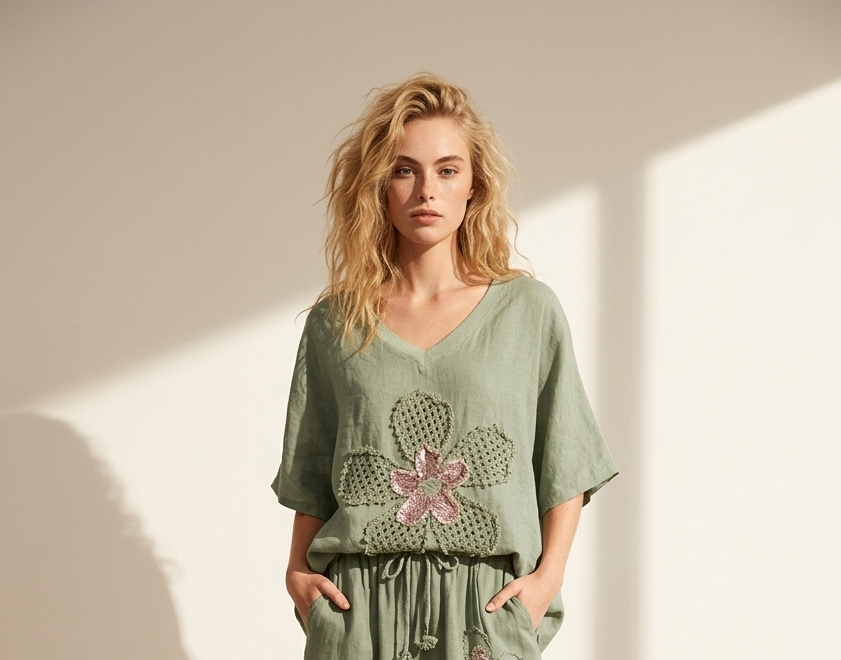 Top en lin fleuri dos crochet