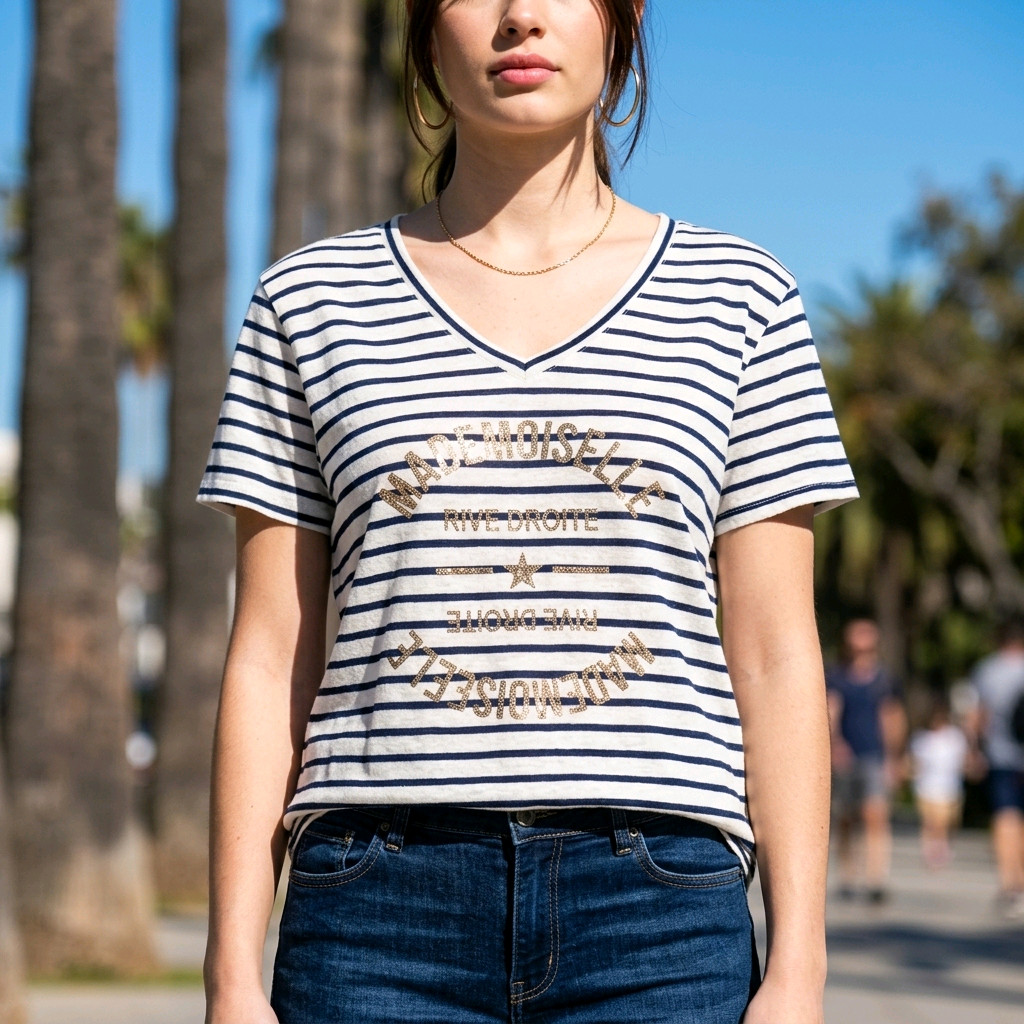 T-shirt Marinière Col V – Inscription Dorée